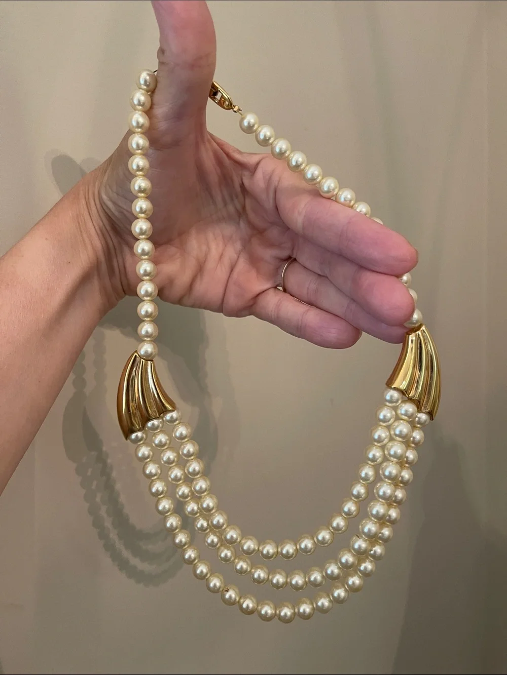 Vintage Napier Three Strand Waterfall Faux Pearl Necklace - Ivory/Cream 18” appr